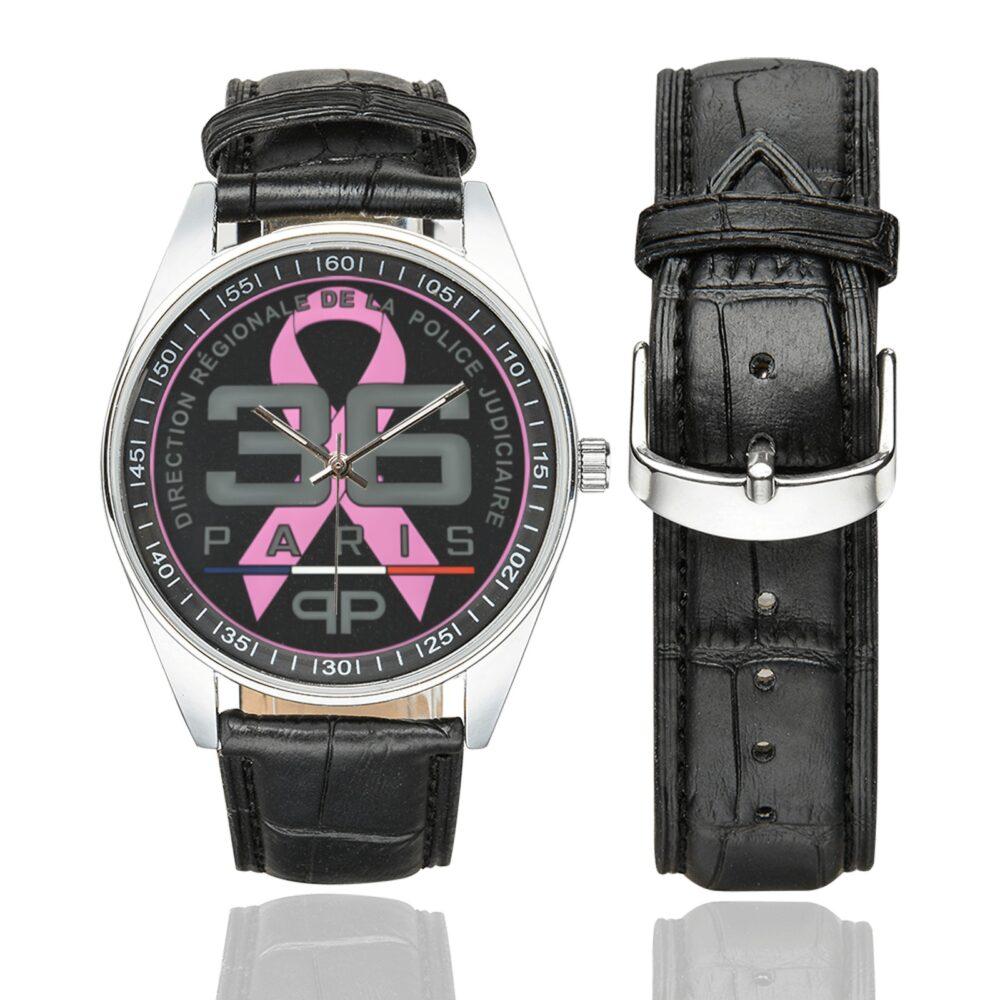 Men's casual watch with a round dial featuring the DRPJ 36 ribbon emblem, silver-tone case and black leather strap, shown with the strap to the side.
