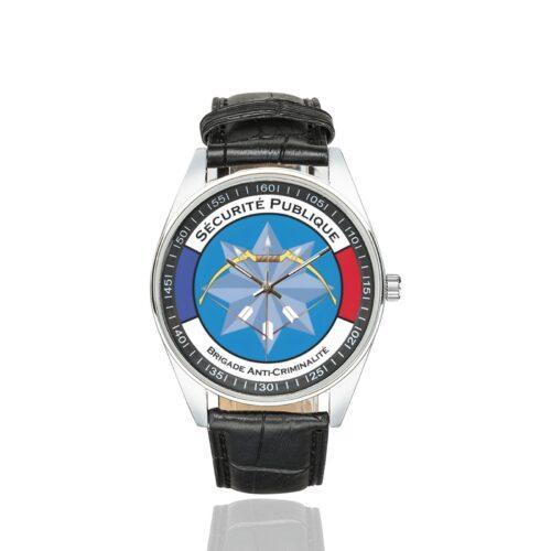 Men's casual watch with a round dial featuring the BAC emblem, silver-tone case and black leather strap.