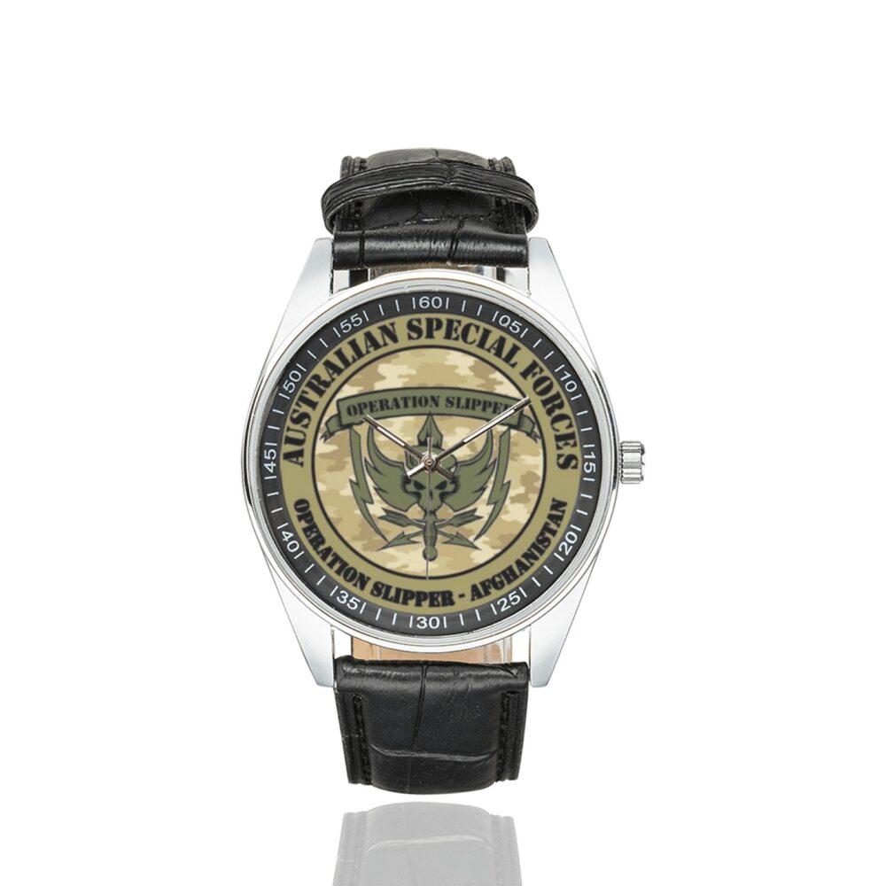 Men's casual watch with a round dial featuring the Australian Special Forces Operation Slipper Afghanistan - emblem, silver-tone case and black leather strap.