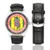 Men's casual watch with a round dial featuring the US Army 82nd Airborne Division Vietnam Veteran emblem, silver-tone case and black leather strap, shown with the strap to the side.