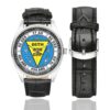 Men's casual watch with a round dial featuring the USAF 86th Operations Group emblem, silver-tone case and black leather strap, shown with the strap to the side.