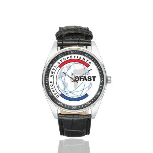 Men's casual watch with a round dial featuring the OFAST emblem, silver-tone case and black leather strap.