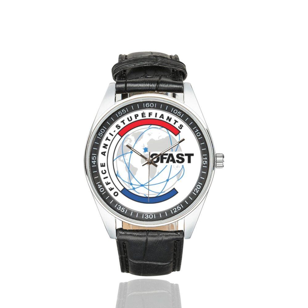 Men's casual watch with a round dial featuring the OFAST emblem, silver-tone case and black leather strap.