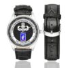 Men's casual watch with a round dial featuring the Airborne 173rd Airborne - Sky Soldiers emblem, silver-tone case and black leather strap, shown with the strap to the side.