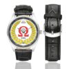 Men's casual watch with a round dial featuring the 3rd Special Purpose Battalion of the International Legion Ω team emblem, silver-tone case and black leather strap, shown with the strap to the side.