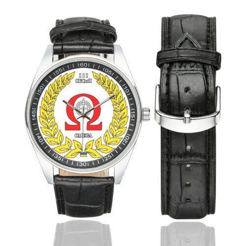 Men's casual watch with a round dial featuring the 3rd Special Purpose Battalion of the International Legion Ω team emblem, silver-tone case and black leather strap, shown with the strap to the side.