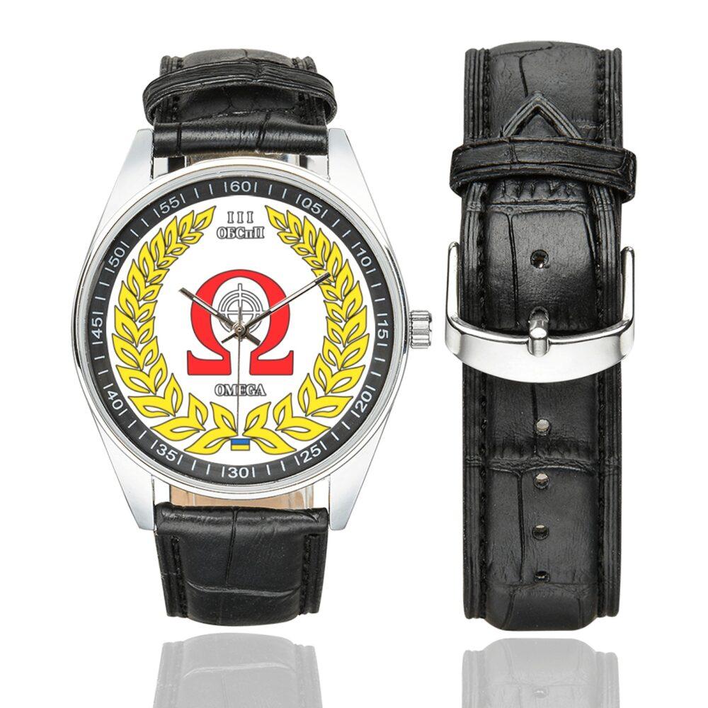 Men's casual watch with a round dial featuring the 3rd Special Purpose Battalion of the International Legion Ω team emblem, silver-tone case and black leather strap, shown with the strap to the side.