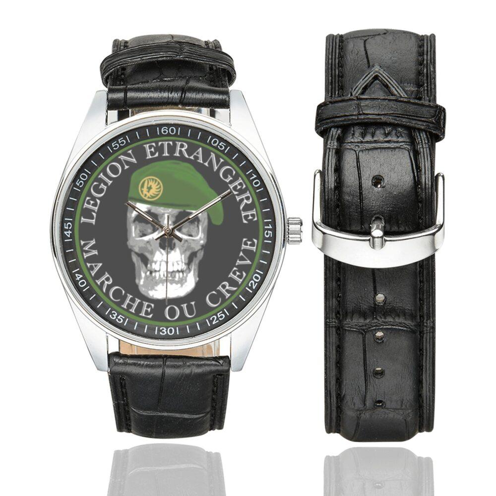 Men's casual watch with a round dial featuring the French Foreign Legion Marche ou Creve ! emblem, silver-tone case and black leather strap, shown with the strap to the side.