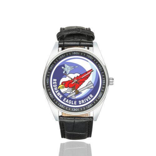 Men's casual watch with a round dial featuring the USAF 123rd Fighter Squadron Redhawk Eagle Driver emblem, silver-tone case and black leather strap.