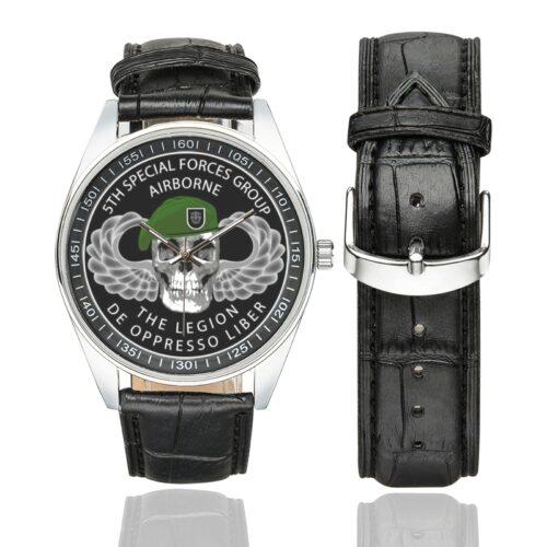Men's casual watch with a round dial featuring the 5th-special-forces emblem, silver-tone case and black leather strap, shown with the strap to the side.