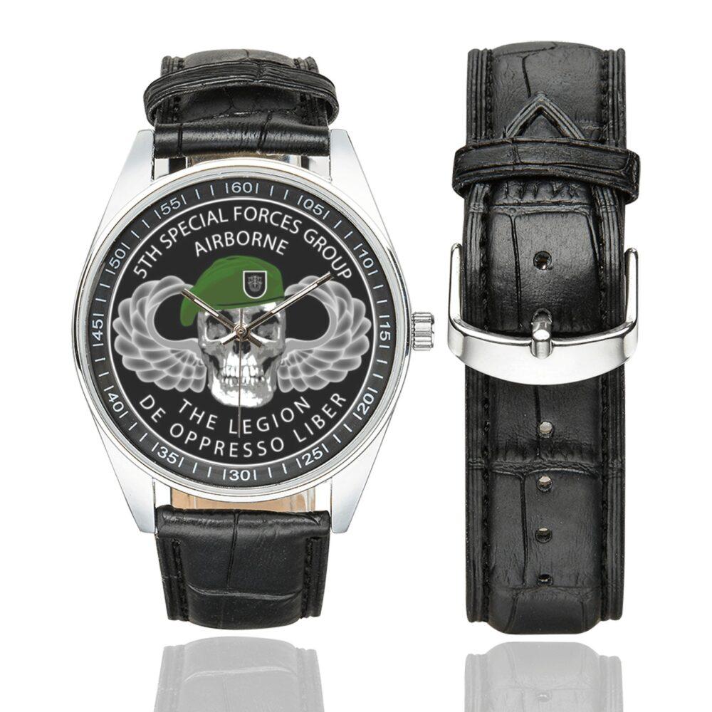 Men's casual watch with a round dial featuring the 5th-special-forces emblem, silver-tone case and black leather strap, shown with the strap to the side.