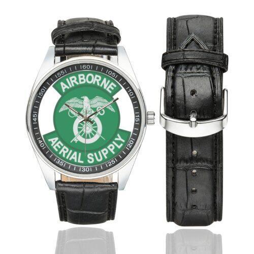 Men's casual watch with a round dial featuring the US Army Airborne Aerial Supply emblem, silver-tone case and black leather strap, shown with the strap to the side.