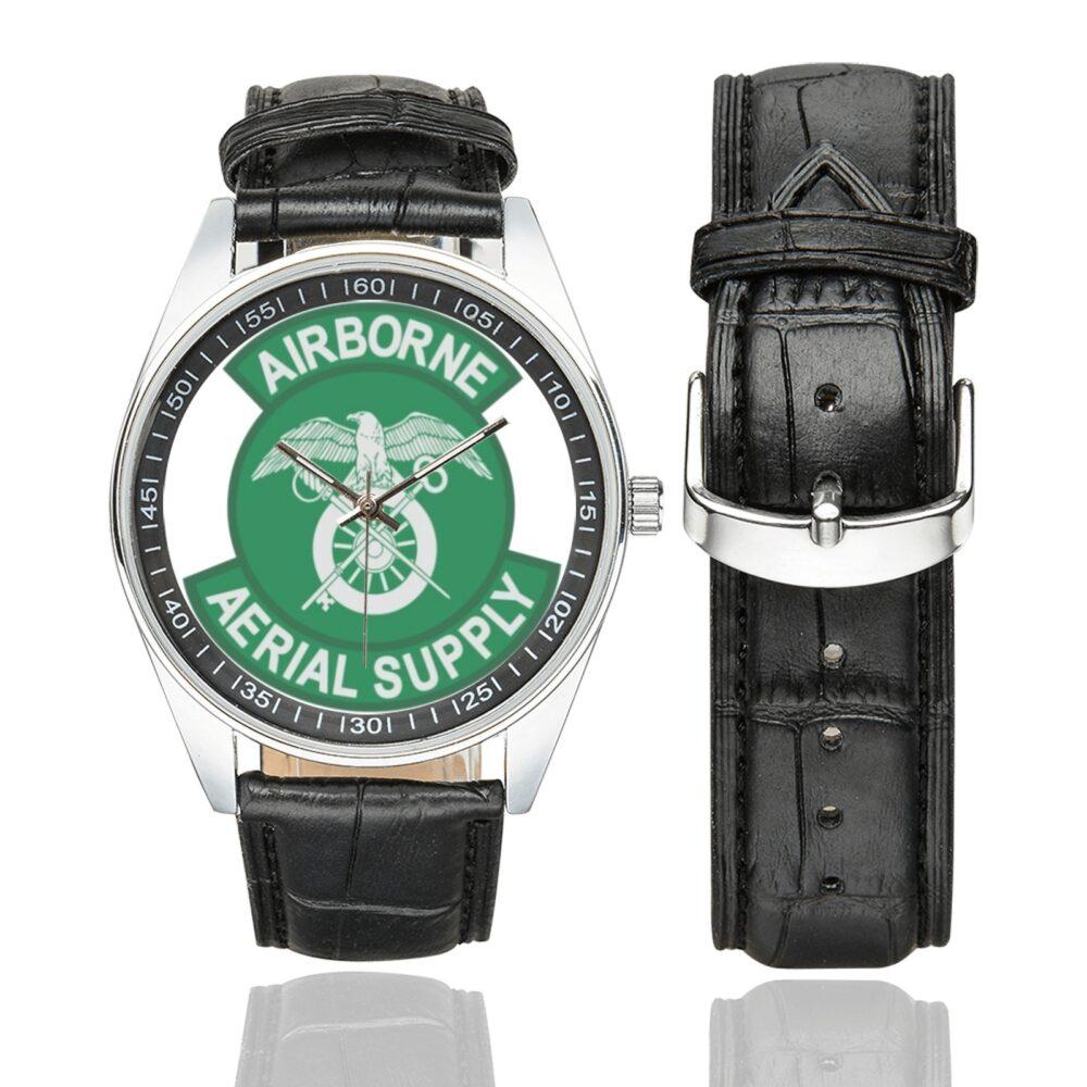 Men's casual watch with a round dial featuring the US Army Airborne Aerial Supply emblem, silver-tone case and black leather strap, shown with the strap to the side.