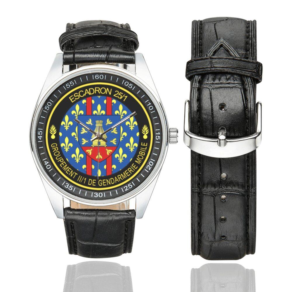 Men's casual watch with a round dial featuring the EGM 25-1 Maisons-Alfort emblem, silver-tone case and black leather strap, shown with the strap to the side.