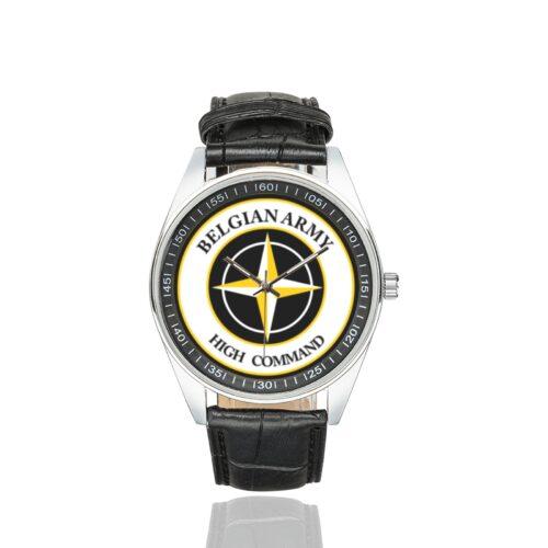 Men's casual watch with a round dial featuring the Belgian Army High Command emblem, silver-tone case and black leather strap.