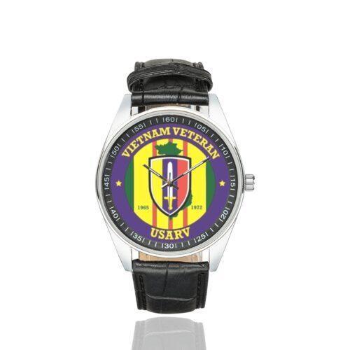 Men's casual watch with a round dial featuring the US Army USARV Vietnam Veteran emblem, silver-tone case and black leather strap.