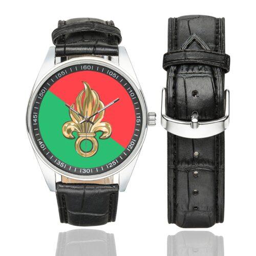 Men's casual watch with a round dial featuring the french foreign legion emblem, silver-tone case and black leather strap, shown with the strap to the side.