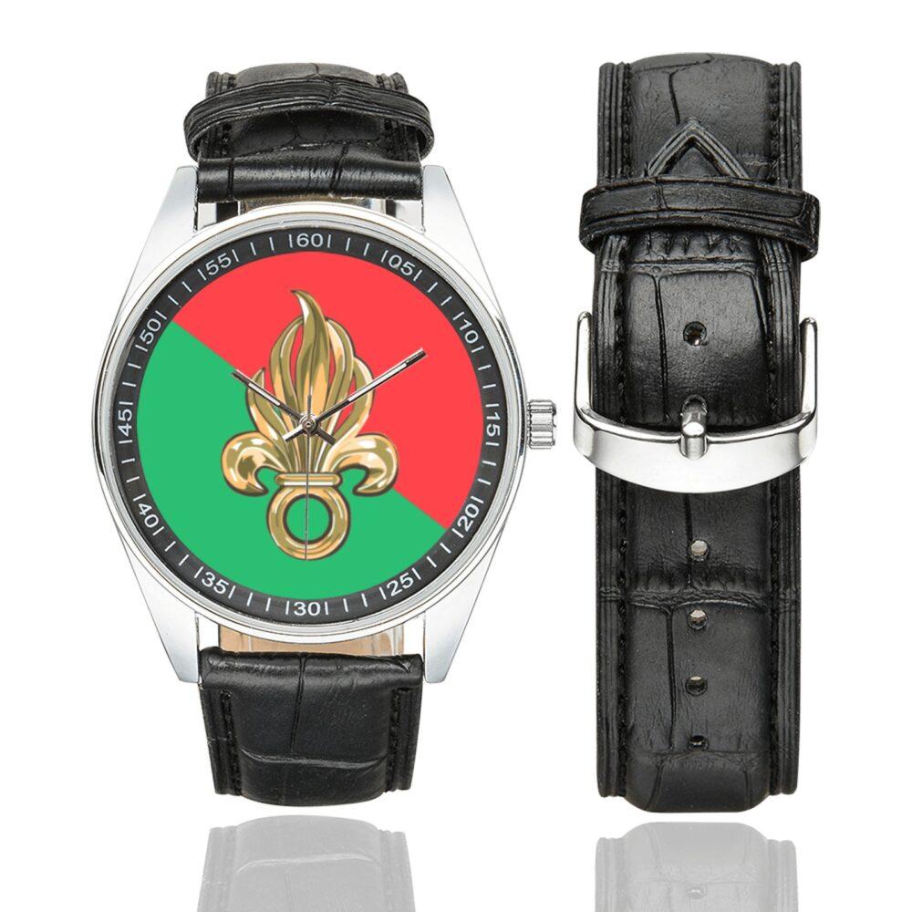 Men's casual watch with a round dial featuring the french foreign legion emblem, silver-tone case and black leather strap, shown with the strap to the side.