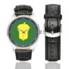 Men's casual watch with a round dial featuring the US 87th Infantry Division emblem, silver-tone case and black leather strap, shown with the strap to the side.