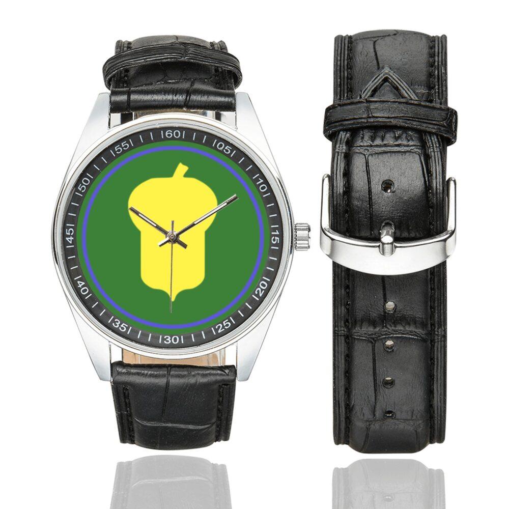 Men's casual watch with a round dial featuring the US 87th Infantry Division emblem, silver-tone case and black leather strap, shown with the strap to the side.