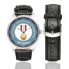 Men's casual watch with a round dial featuring the US Coast Guard Afghanistan Veteran emblem, silver-tone case and black leather strap, shown with the strap to the side.