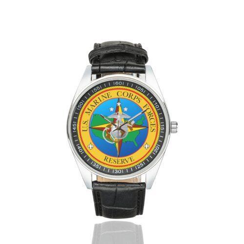 Men's casual watch with a round dial featuring the Marine Forces Reserve insignia (transparent background) emblem, silver-tone case and black leather strap.