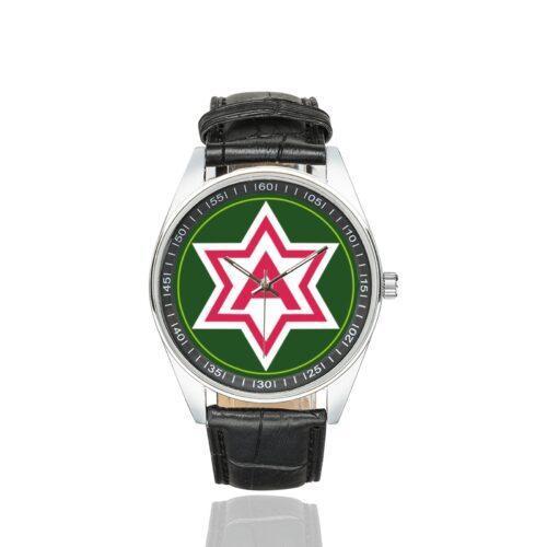 Men's casual watch with a round dial featuring the US Sixth Army emblem, silver-tone case and black leather strap.