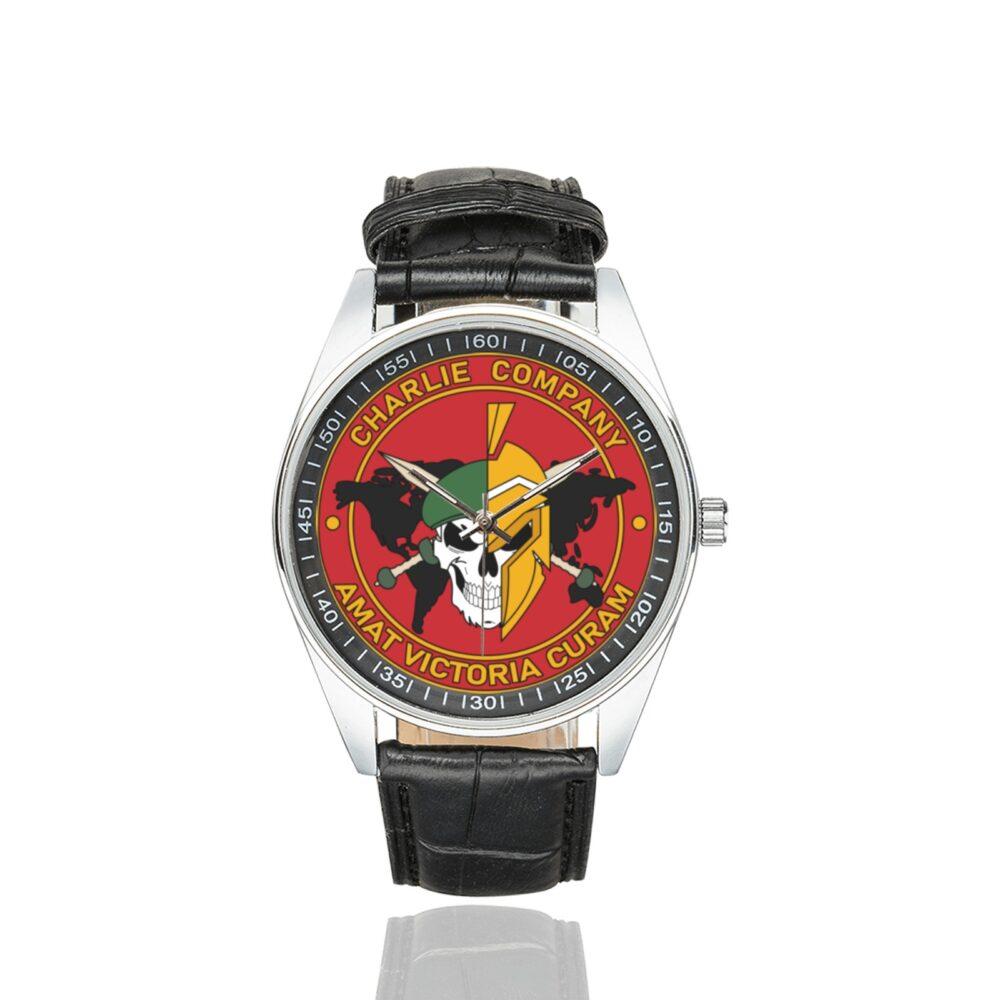Men's casual watch with a round dial featuring the Ukraine 1st Battalion International Legion Charlie Company emblem, silver-tone case and black leather strap.