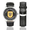 Men's casual watch with a round dial featuring the 1st Special Forces Group 3 emblem, silver-tone case and black leather strap, shown with the strap to the side.