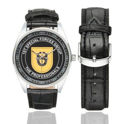 Men's casual watch with a round dial featuring the 1st Special Forces Group 3 emblem, silver-tone case and black leather strap, shown with the strap to the side.