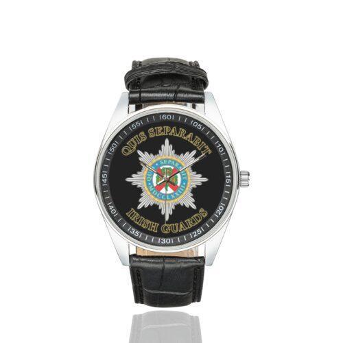 Men's casual watch with a round dial featuring the Irish Guards emblem, silver-tone case and black leather strap.