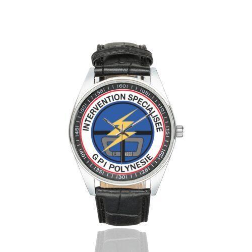 Men's casual watch with a round dial featuring the GPI Polynesie emblem, silver-tone case and black leather strap.