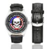 Men's casual watch with a round dial featuring the American Dream Justice New World Order emblem, silver-tone case and black leather strap, shown with the strap to the side.