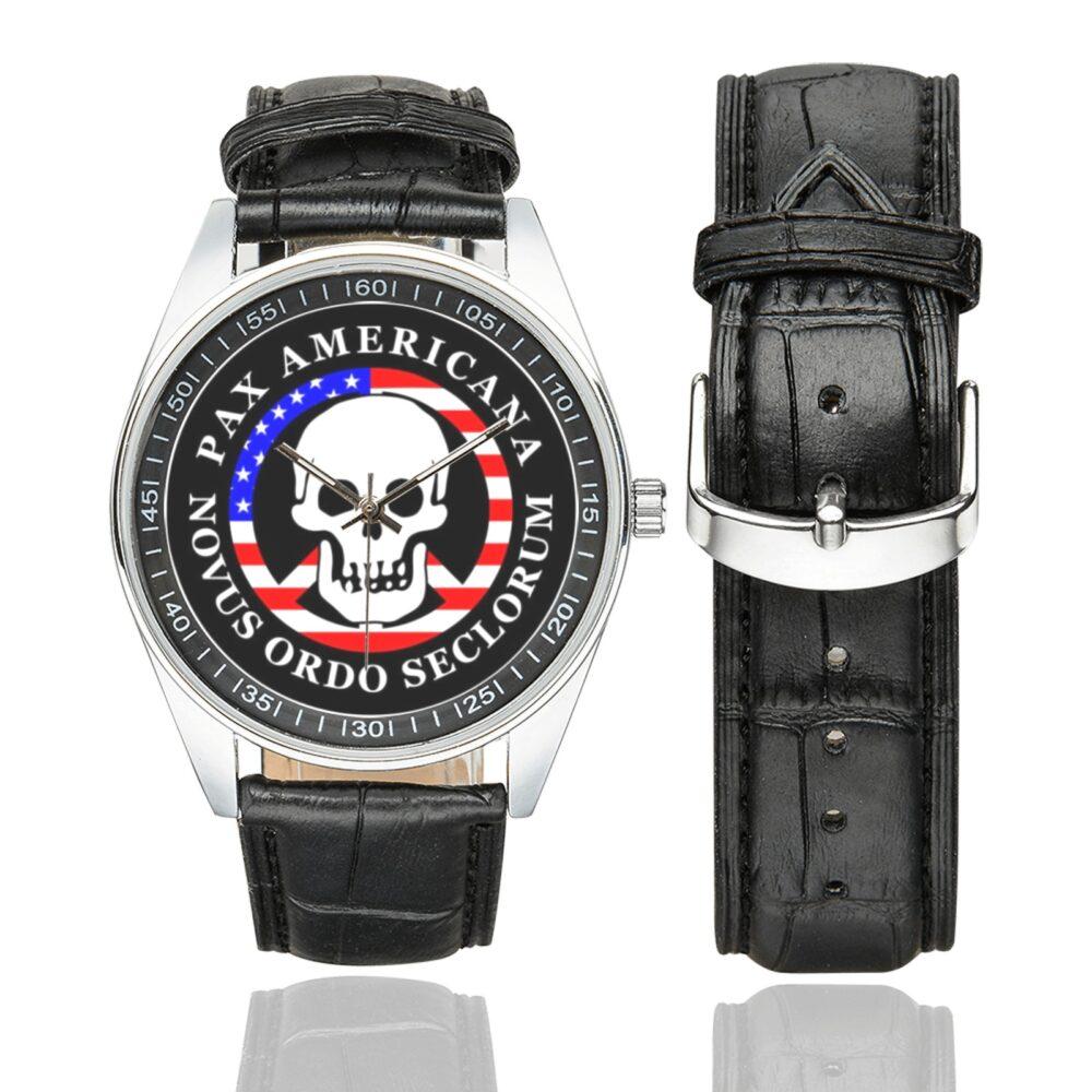Men's casual watch with a round dial featuring the American Dream Justice New World Order emblem, silver-tone case and black leather strap, shown with the strap to the side.