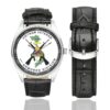 Men's casual watch with a round dial featuring the Vietnam Veteran 1st Armored Division emblem, silver-tone case and black leather strap, shown with the strap to the side.