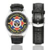 Men's casual watch with a round dial featuring the GGM III-2 emblem, silver-tone case and black leather strap, shown with the strap to the side.