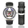 Men's casual watch with a round dial featuring the US Army 1AD Combat Aviation Brigade emblem, silver-tone case and black leather strap, shown with the strap to the side.