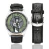 Men's casual watch with a round dial featuring the 12th Special Operations Detachment emblem, silver-tone case and black leather strap, shown with the strap to the side.