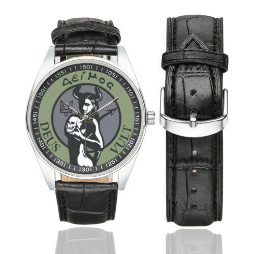 Men's casual watch with a round dial featuring the 12th Special Operations Detachment emblem, silver-tone case and black leather strap, shown with the strap to the side.