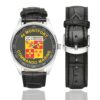 Men's casual watch with a round dial featuring the Commando Marine de Montfort emblem, silver-tone case and black leather strap, shown with the strap to the side.