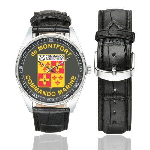 Men's casual watch with a round dial featuring the Commando Marine de Montfort emblem, silver-tone case and black leather strap, shown with the strap to the side.