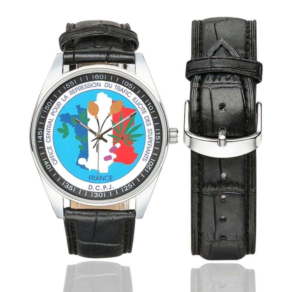 Men's casual watch with a round dial featuring the OCTRIS emblem, silver-tone case and black leather strap, shown with the strap to the side.