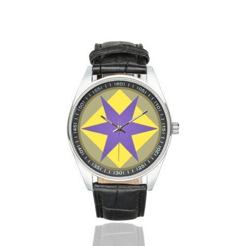 Men's casual watch with a round dial featuring the US 46th Infantry Division emblem, silver-tone case and black leather strap.