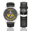 Men's casual watch with a round dial featuring the Commando Marine Kieffer emblem, silver-tone case and black leather strap, shown with the strap to the side.