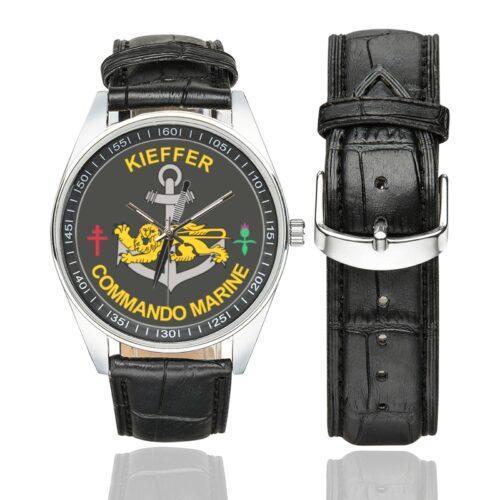 Men's casual watch with a round dial featuring the Commando Marine Kieffer emblem, silver-tone case and black leather strap, shown with the strap to the side.