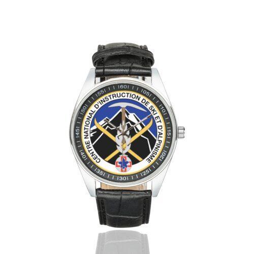 Men's casual watch with a round dial featuring the CNISAG emblem, silver-tone case and black leather strap.
