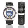 Men's casual watch with a round dial featuring the GIGN emblem, silver-tone case and black leather strap, shown with the strap to the side.
