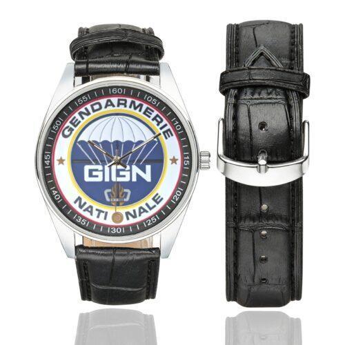 Men's casual watch with a round dial featuring the GIGN emblem, silver-tone case and black leather strap, shown with the strap to the side.