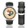 Men's casual watch with a round dial featuring the US Army 2D Armored Cavalry Regiment OIF emblem, silver-tone case and black leather strap, shown with the strap to the side.