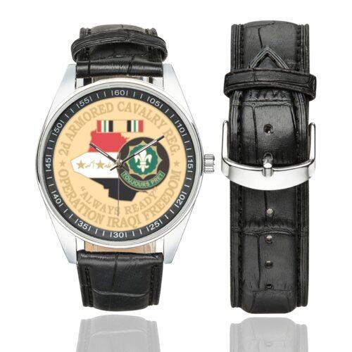 Men's casual watch with a round dial featuring the US Army 2D Armored Cavalry Regiment OIF emblem, silver-tone case and black leather strap, shown with the strap to the side.